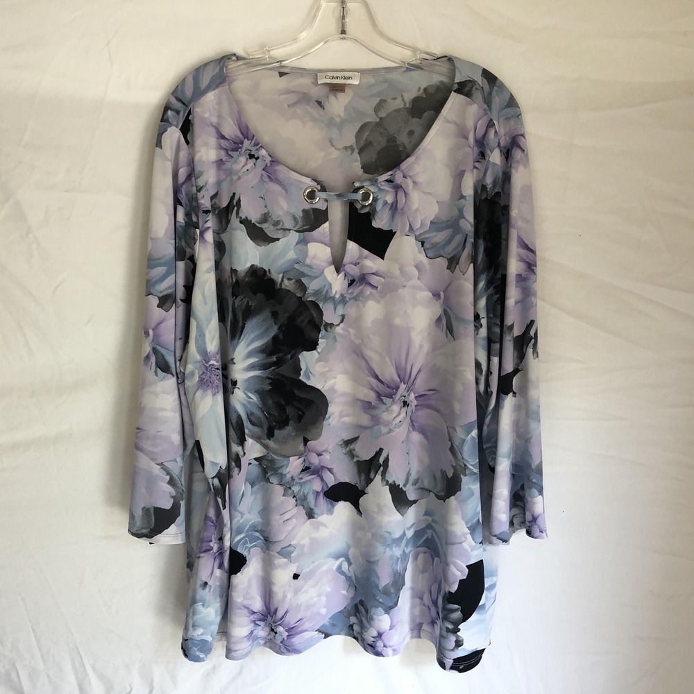 Calvin Klein Shirt Womens 3X Purple Floral Keyhole Strap Tunic Top Plus